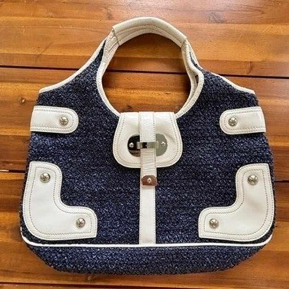 Rafe New York Woven Fabric & Leather Satchel Handbag Navy White